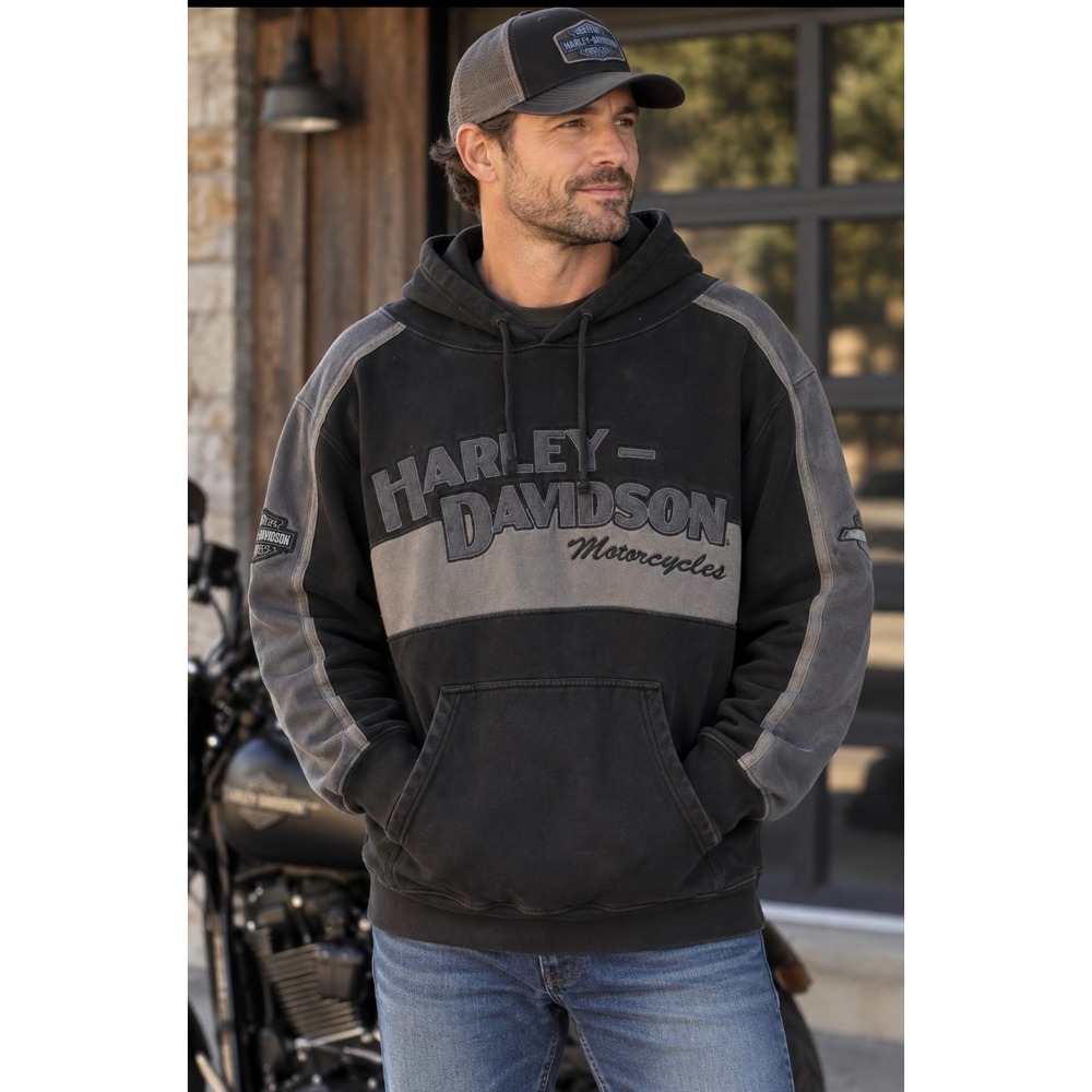 Harley-Davidson Mens Large Black Gray Colorblock Embroidered Pullover Hoodie